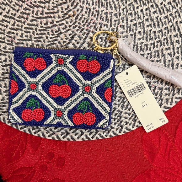 Anthropologie Beaded Floral Card Holder with Keychain - Blue, Red, White - Picture 4 of 5